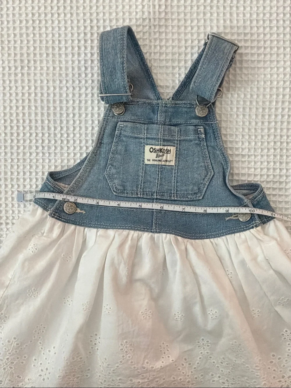 OshKosh B'gosh Light Blue Denim Overall Dress with White Eyelet Skirt